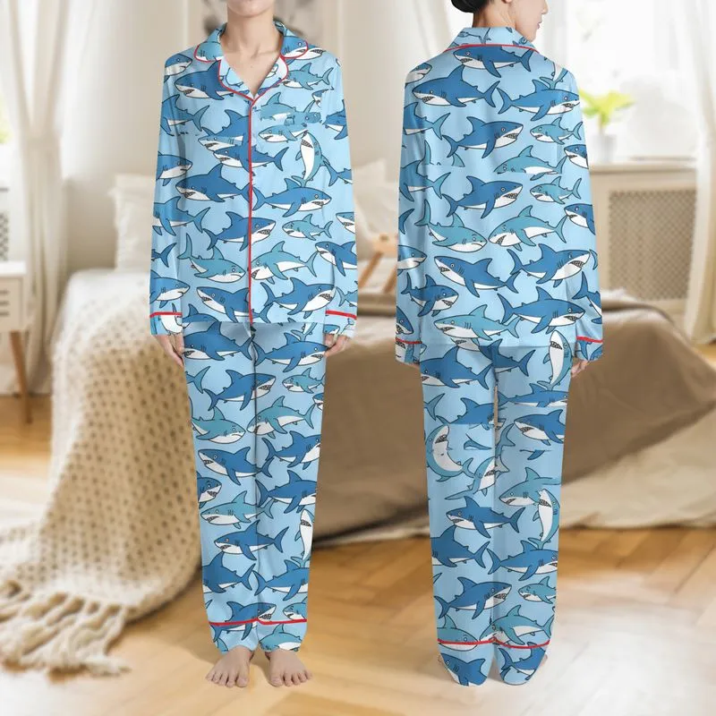 Women's Playful Cartoony Shark School Seamless Repeat Pattern with Cerulean Aqua Blue Tones Satin Pajamas Set - 1
