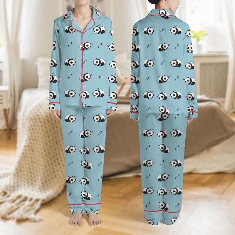 Women's Cute Sleeping Baby Panda Pattern, Serene Light Blue White Black Cartoon 2D Art with Zzz Symbols Satin Pajamas Set - 1