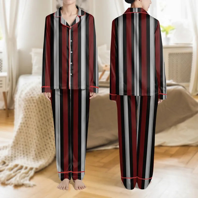Women's Minimalist Geometric Varying Ribbed Black Burgundy Light Grey Stripes Satin Pajamas Set - 1