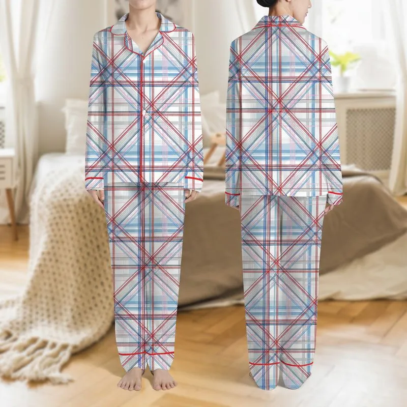 Relaxation Seekers' Complex Geometric Plaid: Cherry Red, Azure, Hot Pink, Black, White, Sky Blue, Heather Grey Satin Pajamas Set - 1