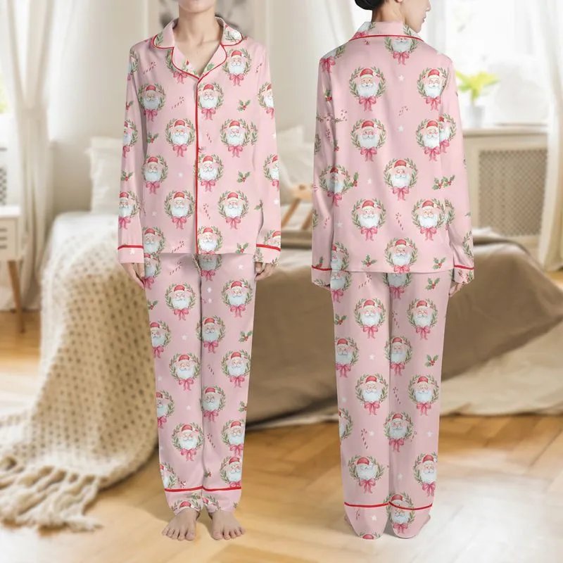 Women's Whimsical Watercolor Pastel Pink Santa Face Wreath Hot Pink Bow Holly Pattern Satin Pajamas Set - 1