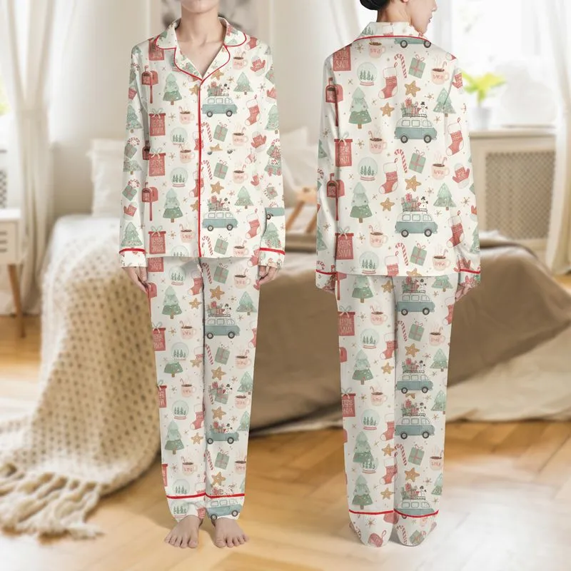 Women's Whimsical Off-White Christmas Camper Mailbox Snowglobe Gingerbread Print Satin Pajamas Set - 1