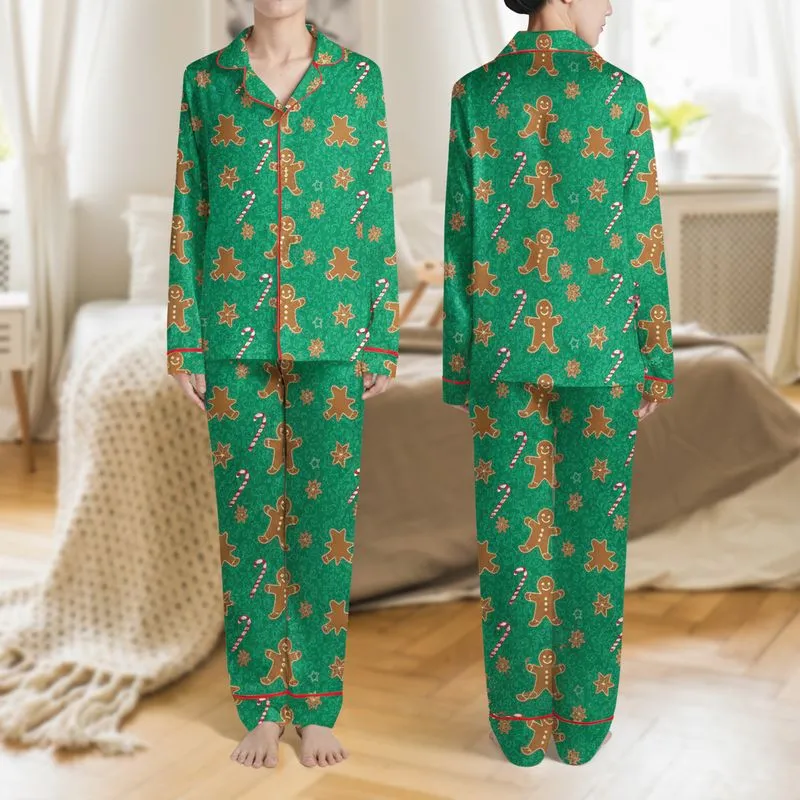 Women's Emerald Green Whimsical Gingerbread Men Candy Cane Star Cookie Filigree Pattern Satin Pajamas Set - 1
