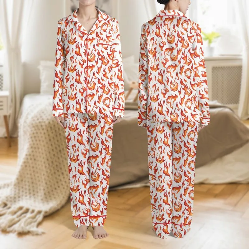 Women's Luminous Red Orange Yellow Flame Art Swirl Pattern on White Satin Pajamas Set - 1