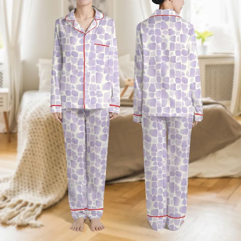 Women's Soft Amorphous Lavender Cream Cloud Watercolor Grid Pattern Satin Pajamas Set - 1