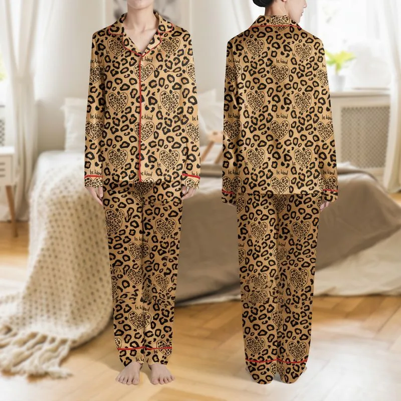 Women's Seamless Warm Tan Leopard Pattern with Repeating Brown Hearts & Black 'be kind' Script Satin Pajamas Set - 1