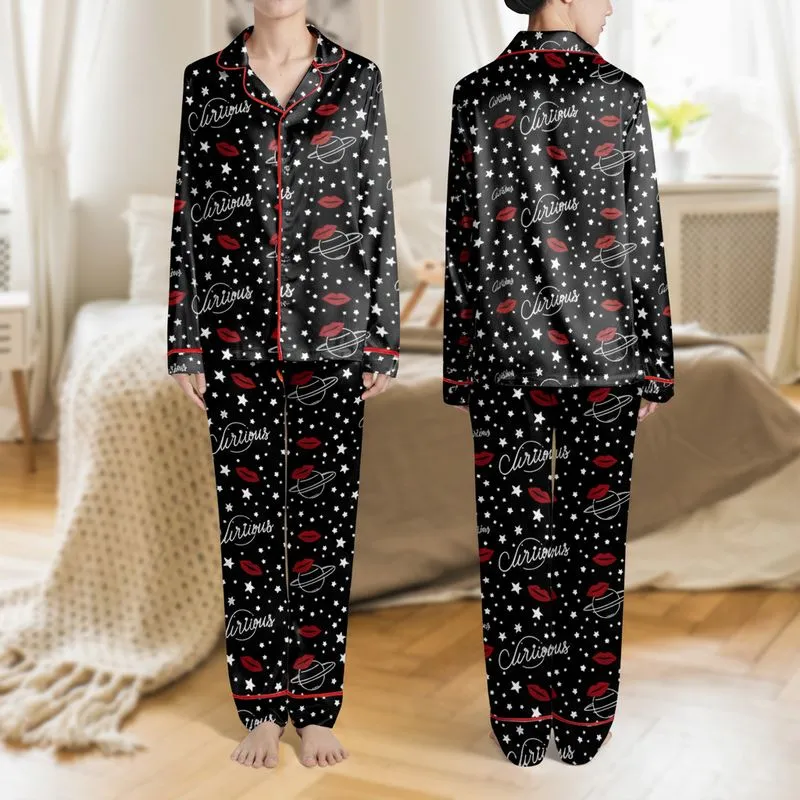 Women's Illustrative Black Red White Cosmic Starry Planet Moon Red Lips Curious Script Satin Pajamas Set - 1