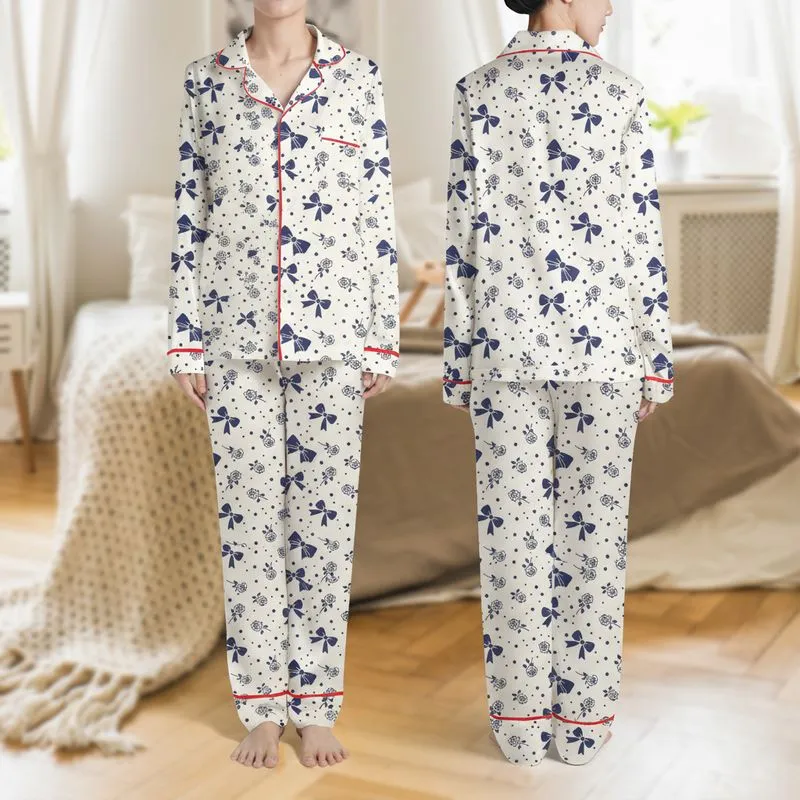 Women's Off-White Dark Navy Blue Elegant Vector Bows Roses Polka Dots Seamless Pattern Satin Pajamas Set - 1