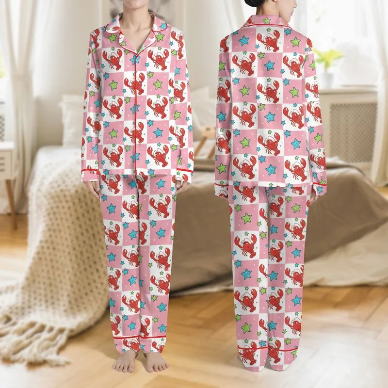 Ocean Lovers' Whimsical Red Cartoon Lobster Teal Green Starfish Pink White Checkered Pattern Satin Pajamas Set - 1