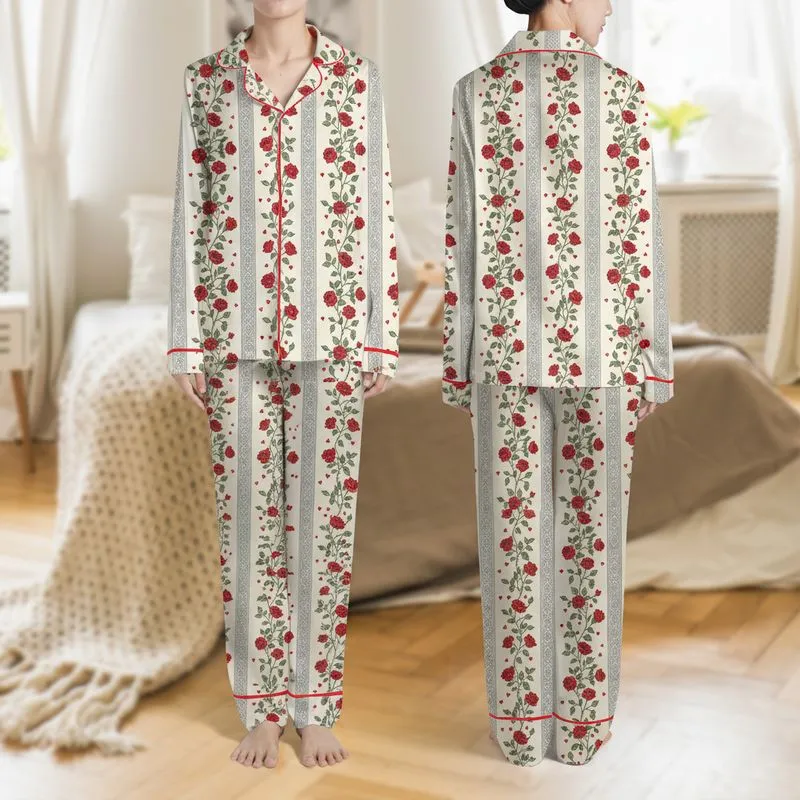Women's Vintage Pale Ivory Illustrative Red Rose & Charcoal Lattice Stripes Satin Pajamas Set - 1