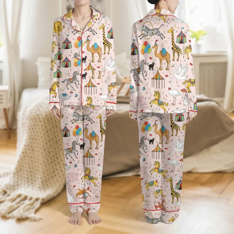 Women's Whimsical Pastel Pink Dream Circus Illustrative Lion Zebra Giraffe Pattern with Bright Primary Colors Satin Pajamas Set - 1
