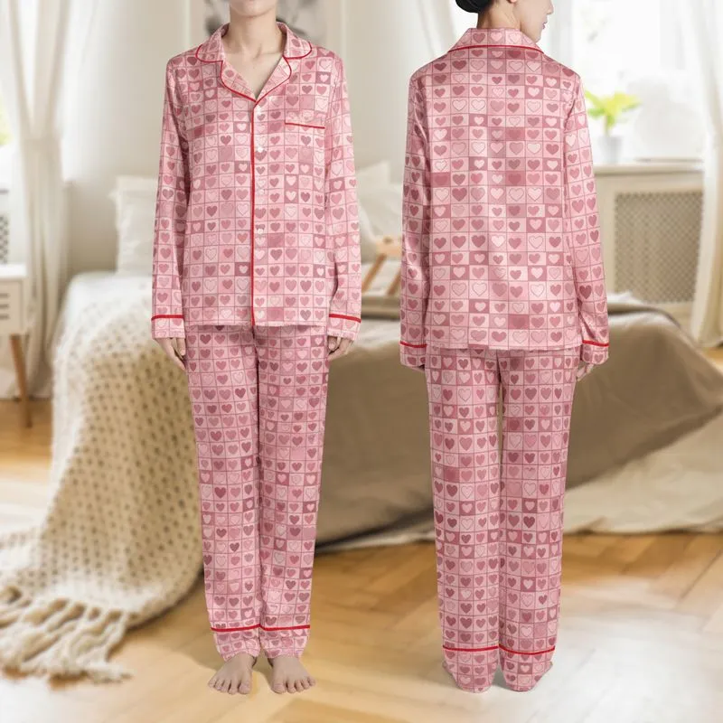 Women's Sweet Pastel Pink Monochromatic Seamless Interlocking Shapes with Layered Flat Hearts Satin Pajamas Set - 1