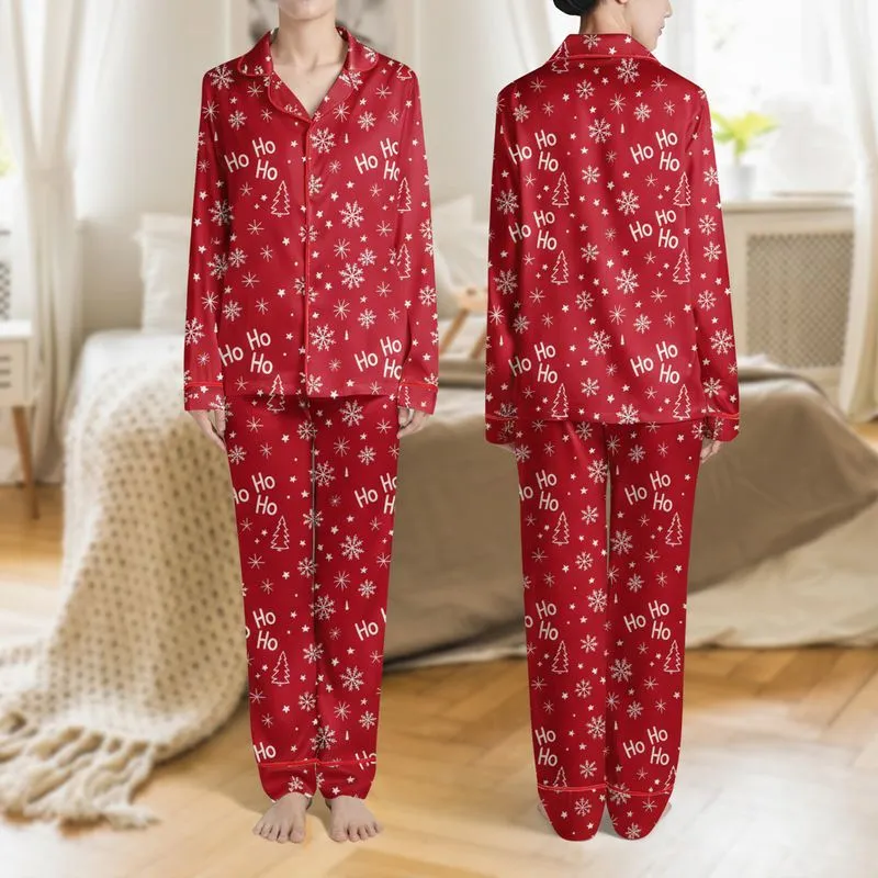 Holiday Enthusiasts' Vibrant Red White Hand-Drawn Ho Ho Ho Snowflake Tree Starburst Pattern Satin Pajamas Set - 1