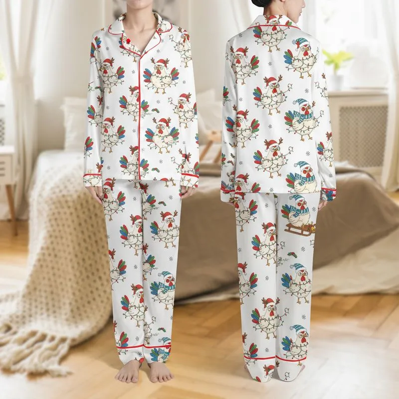 Women's Whimsical Christmas Chickens Santa Hats Sled & Colorful Lights Black Pattern Satin Pajamas Set - 1