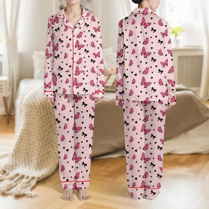 Women's Cute Illustrative Pastel Pink Hot Pink Butterfly Black Bow Heart Scatter Pattern Satin Pajamas Set - 1
