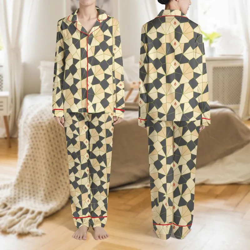 Modern Aesthetic Fans' Geometric Interlocking Panels in Charcoal Grey, Cream, Neon Yellow-Green Stitches, Red Flames Satin Pajamas Set - 1