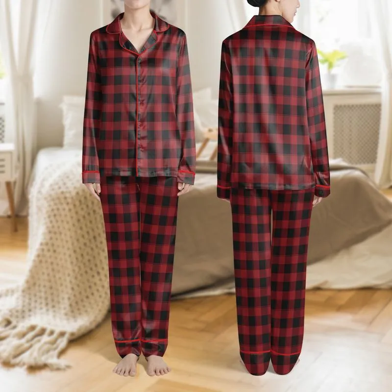 Women's Bold Classic Tartan Plaid Deep Crimson Red Solid Black Intersecting Stripes Satin Pajamas Set - 1