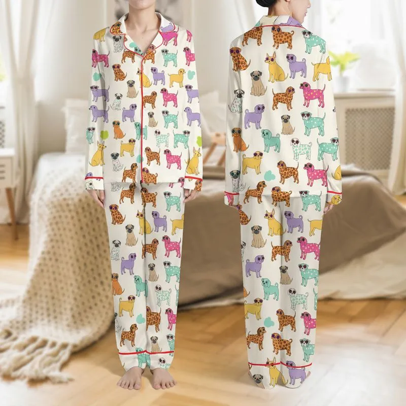 Women's Whimsical Cartoon Dog Pattern with Leopard Spots, Polka Dots & Abstract Shapes in Orange Pink Teal Satin Pajamas Set - 1