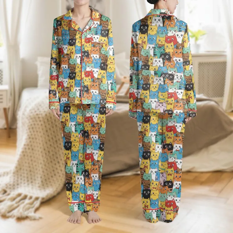 Cat Lovers' Playful Cartoon Cat Pattern, Orange, Yellow, Blue, Pink, Purple Hues, Bold Outlines, Expressive Faces Satin Pajamas Set - 1