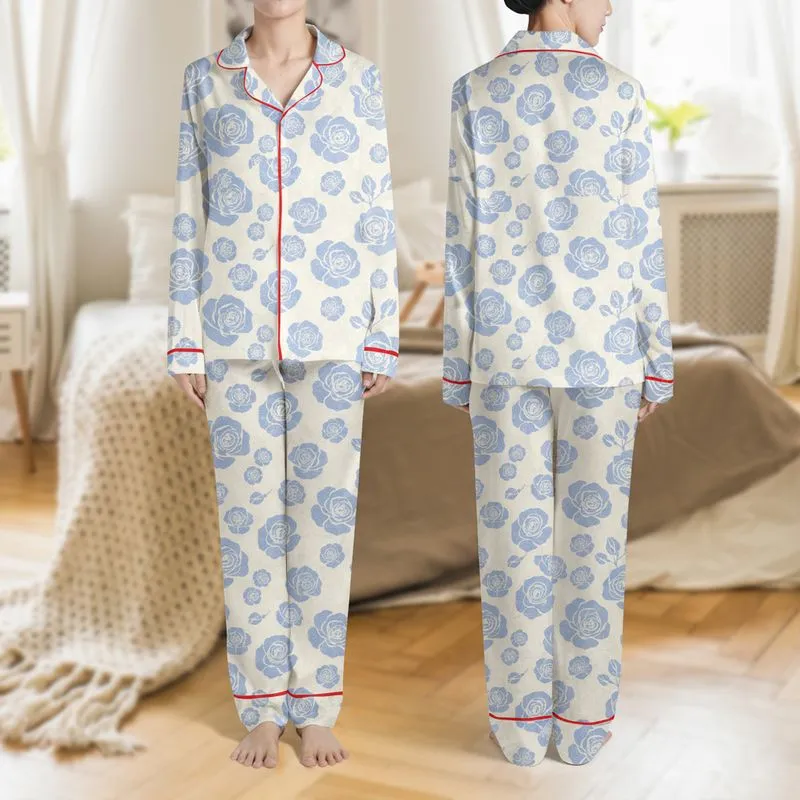 Women's Muted Light Periwinkle Blue Soft-Edged Rose Bloom Painterly Abstract Floral Pattern Satin Pajamas Set - 1