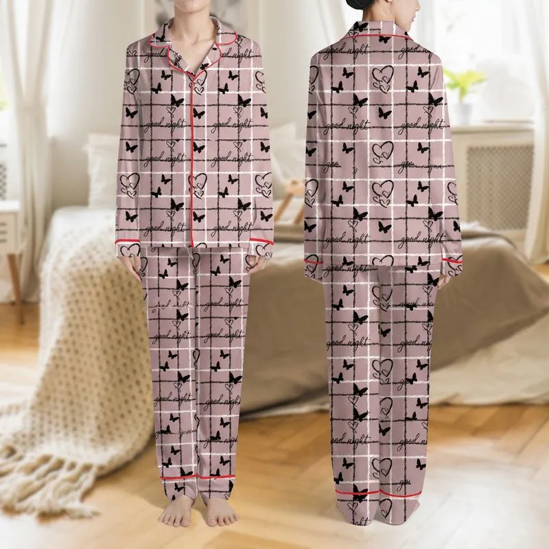 Women's Dusty Rose Pink Subtle Plaid Hearts Butterflies Good Night Script Design Satin Pajamas Set - 1