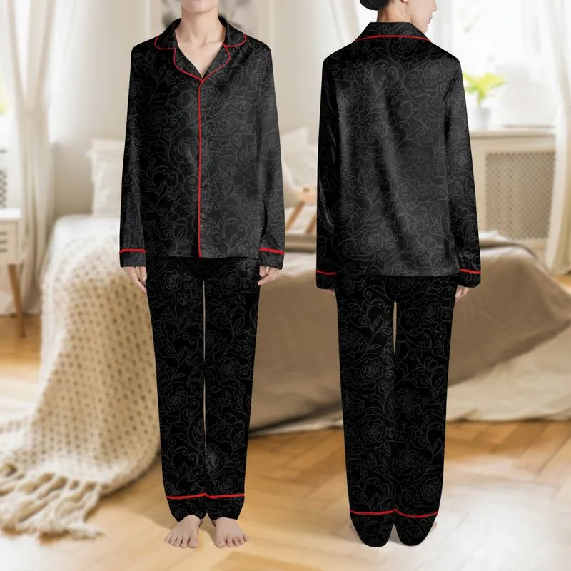 Women's Seamless Intricate Dark Black Floral Lace Rose Vine Pattern with Subtle Black-on-Black Contrast Satin Pajamas Set - 1