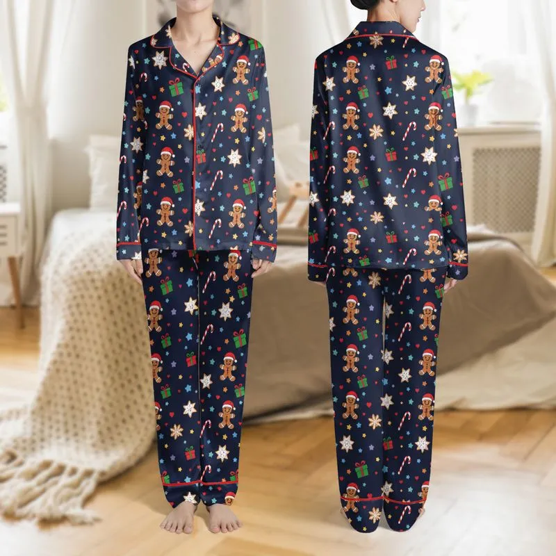 Women's Festive Midnight Navy Cartoon Gingerbread Men Santa Hats Candy Canes Cookies Colorful Stars Satin Pajamas Set - 1