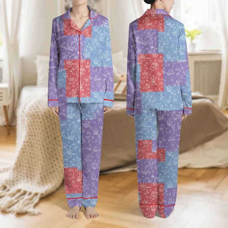 Women's Minimalist White Crown & Queen Text Vibrant Purple Muted Blue Red Abstract Pattern Satin Pajamas Set - 1