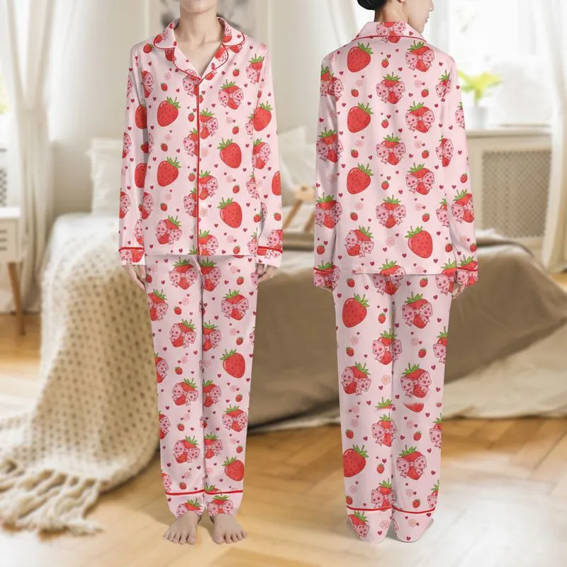 Women's Whimsical Bright Red Strawberry, Pink Bow, Pale Pink Blossom, Dark Pink Hearts Pattern Satin Pajamas Set - 1