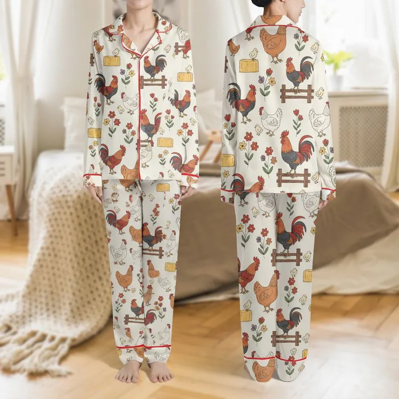 Women's Whimsical Hand-Drawn Rooster Hen Chick Wildflower Cream Farm Pattern Satin Pajamas Set - 1
