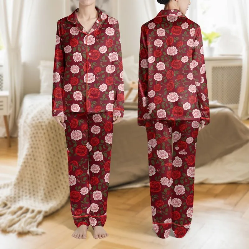 Women's Romantic Ruby Red Multi-Tone Rose & Forest Green Art Satin Pajamas Set - 1