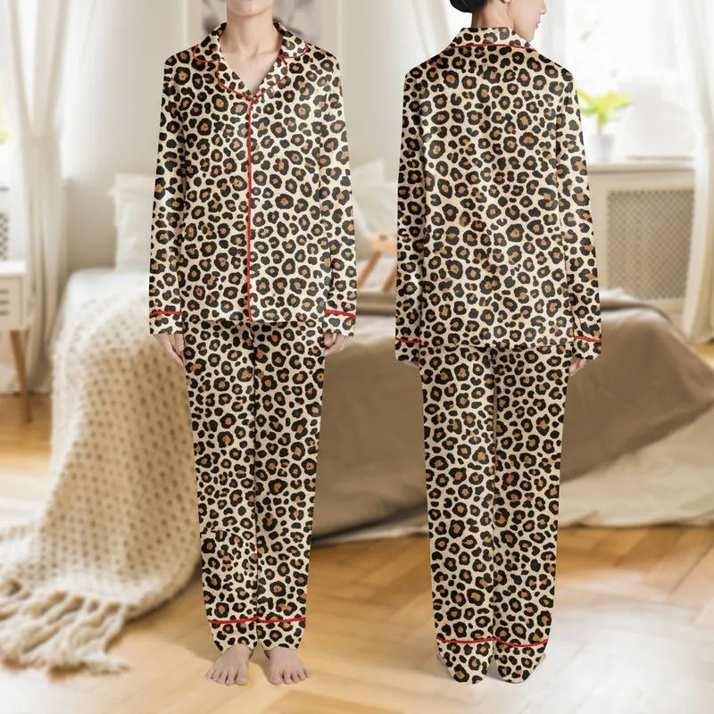 Women's Deep Black Abstract Rounded Shapes Classic Leopard Print Off-White Outline Pattern Satin Pajamas Set - 1