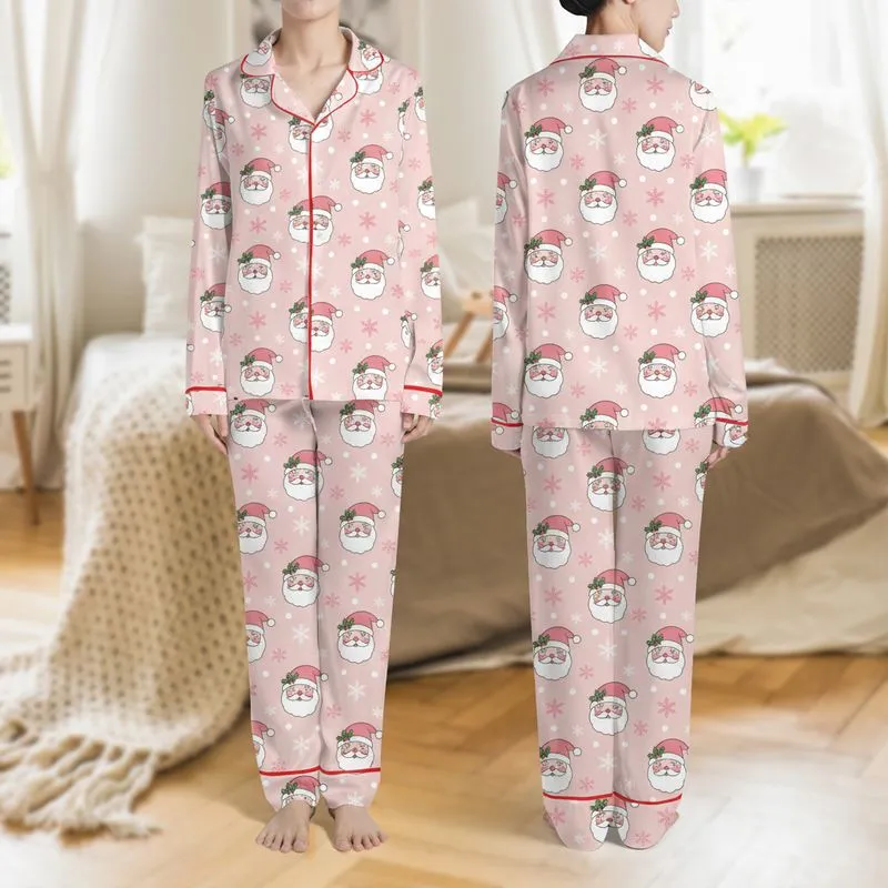 Women's Cheerful Hand-Drawn Pink Santa Head Holly Berry Snowflakes All-Over Pattern Satin Pajamas Set - 1