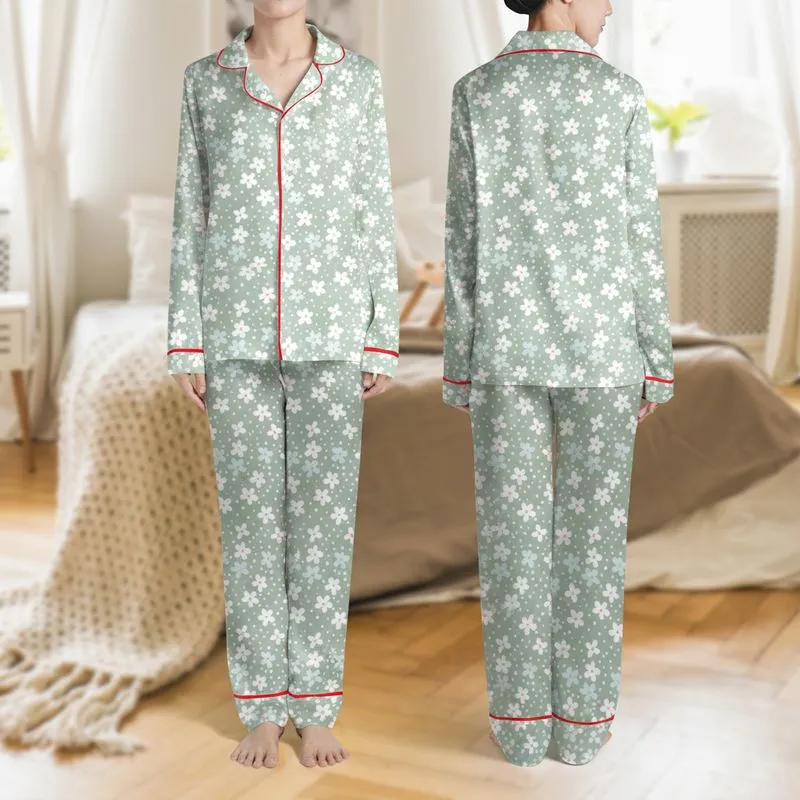 Women's Delicate White Baby Blue Floral, Blush Pink Centers, Sage Green, Micro Polka Dots, Hand-Drawn Quaint Style Satin Pajamas Set - 1