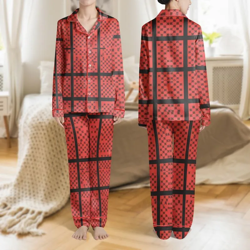 Women's Vibrant Red & Solid Black Bold Geometric Grid Interlocking Star Pattern Satin Pajamas Set - 1
