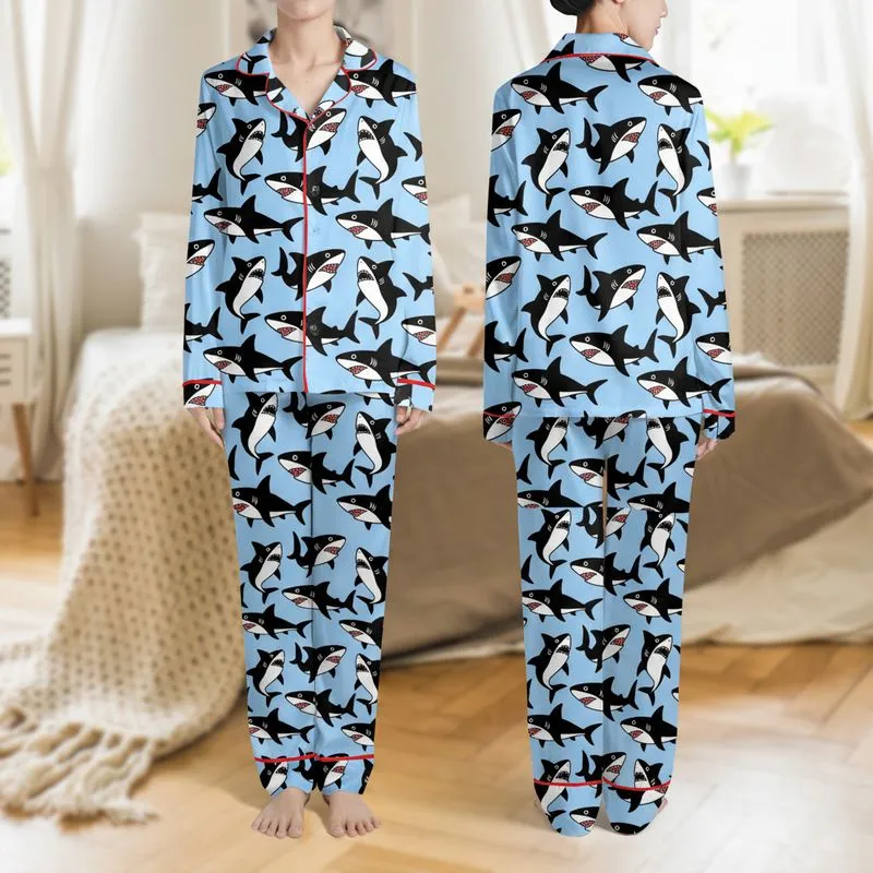 Women's Playful Cartoon Sharks Seamless Pattern Black White Red Gums Sky Blue Flat Art Satin Pajamas Set - 1