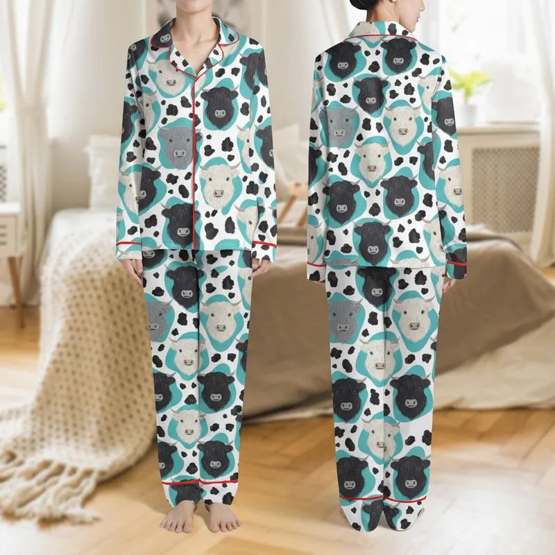 Women's Fluffy Highland Cow Portraits, Painterly Black Cowhide Spots, Turquoise Teal Organic Shapes Satin Pajamas Set - 1