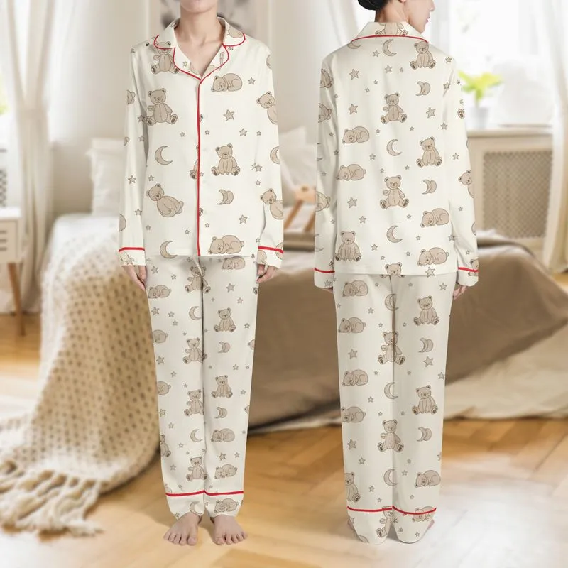 Women's Creamy Off-White Muted Brown Hand-Drawn Whimsical Teddy Bear Moon Star Pattern Satin Pajamas Set - 1