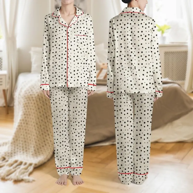 Women's Warm Off-White Black Imperfect Polka Dot & Hand-Drawn 'X' Scatter Pattern Minimalist Satin Pajamas Set - 1