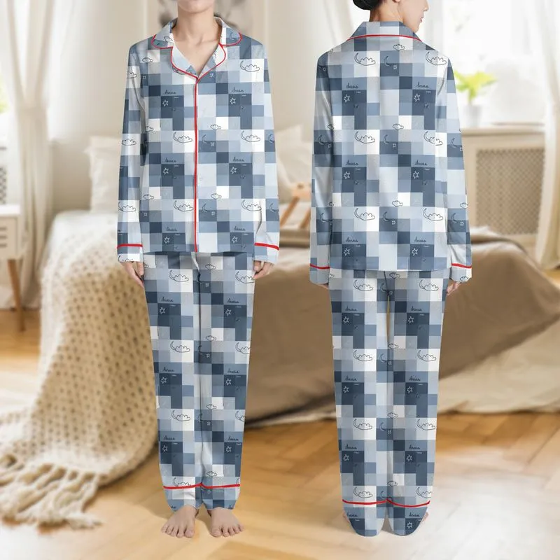 Women's Muted Blue-Grey Plaid Minimalist Moon Star Cloud Cozy Script Pattern Satin Pajamas Set - 1