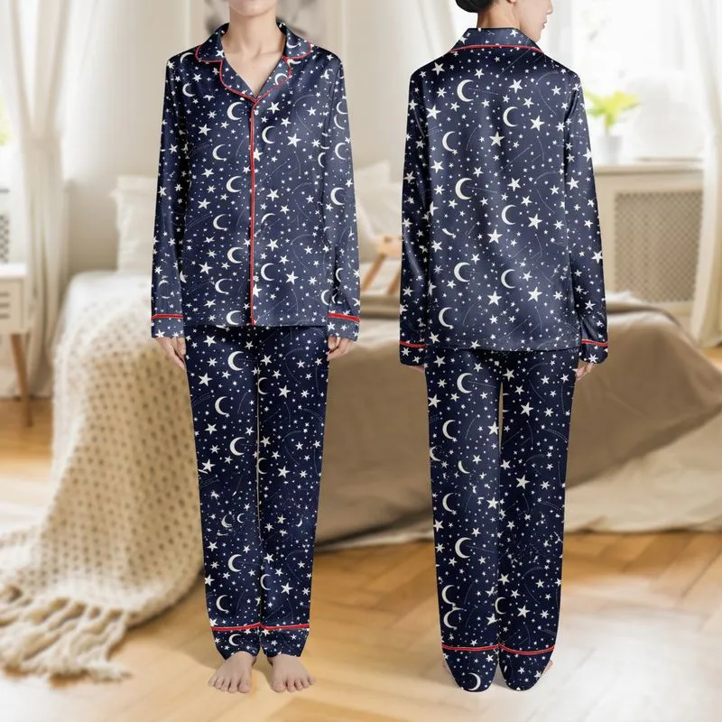 Women's Whimsical Hand-Drawn White Stars Moons Abstract Constellations Deep Navy Cosmic Pattern Satin Pajamas Set - 1