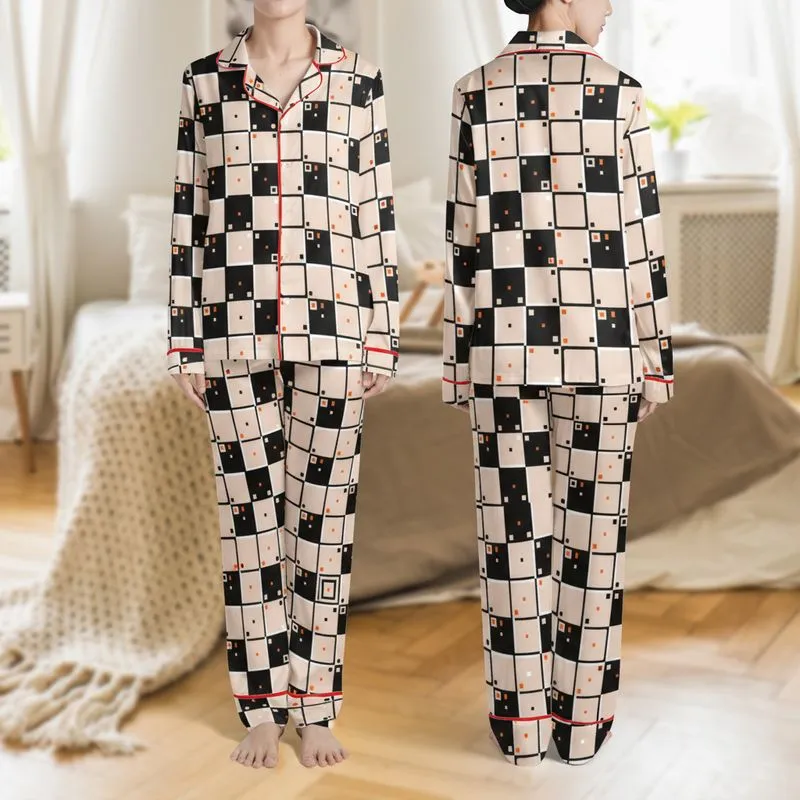 Women's Minimalist Abstract Geometric Interlocking Flat Shapes Beige Nude Black White Orange Vector Art Satin Pajamas Set - 1
