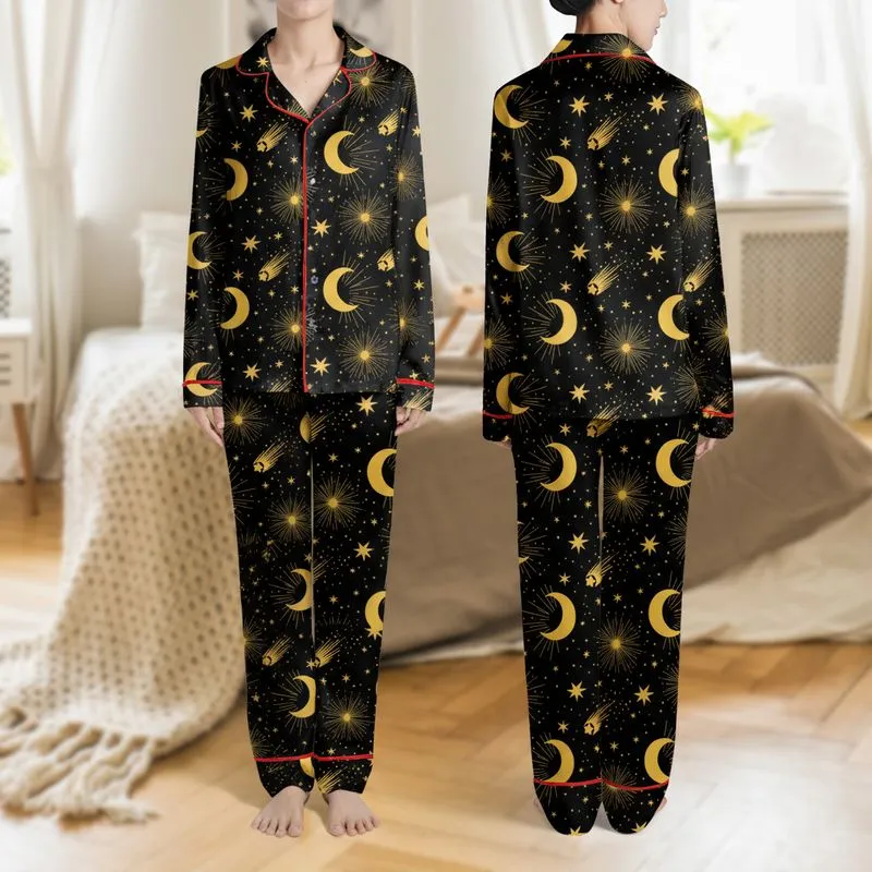 Women's Whimsical Golden Yellow Crescent Moons & Starbursts on Deep Black Graphic Satin Pajamas Set - 1