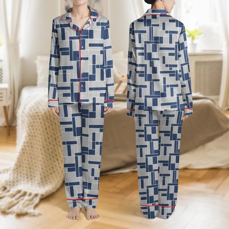 Women's Heather Grey Dusty Navy Abstract Overlapping Geometric Stripe Pattern Satin Pajamas Set - 1
