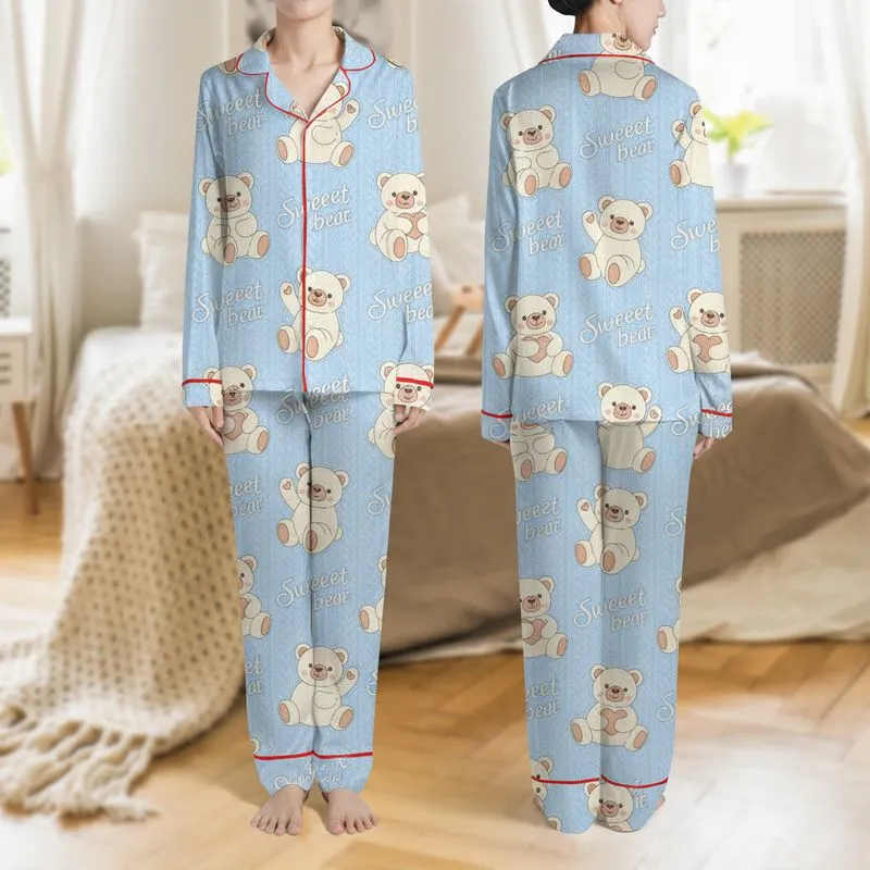 Women's Sweet Bear Fluffy Teddy Pastel Baby Blue Creamy Off-White Cable Knit Pattern Satin Pajamas Set - 1