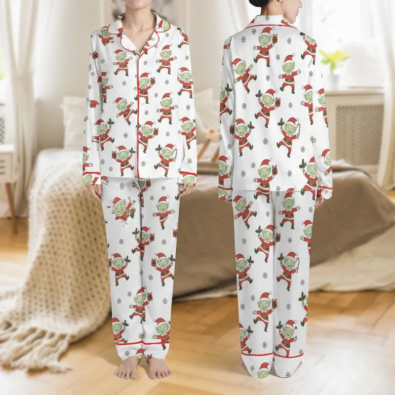 Women's Whimsical Cartoon Imp Light Green Skin Festive Red Santa Hat Holly Gift Candy Cane Pattern Satin Pajamas Set - 1