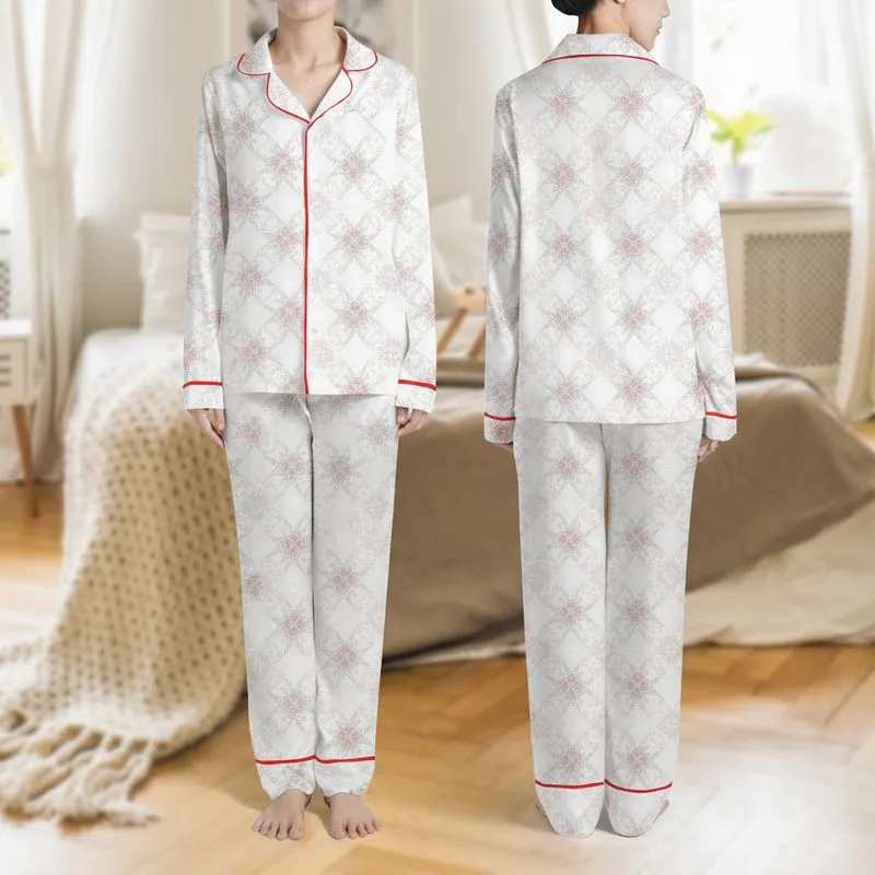 Women's Intricate Rococo Floral Garlands & Lace Seamless Pattern in Blush Pink, Silver-Grey & Cream-White Satin Pajamas Set - 1