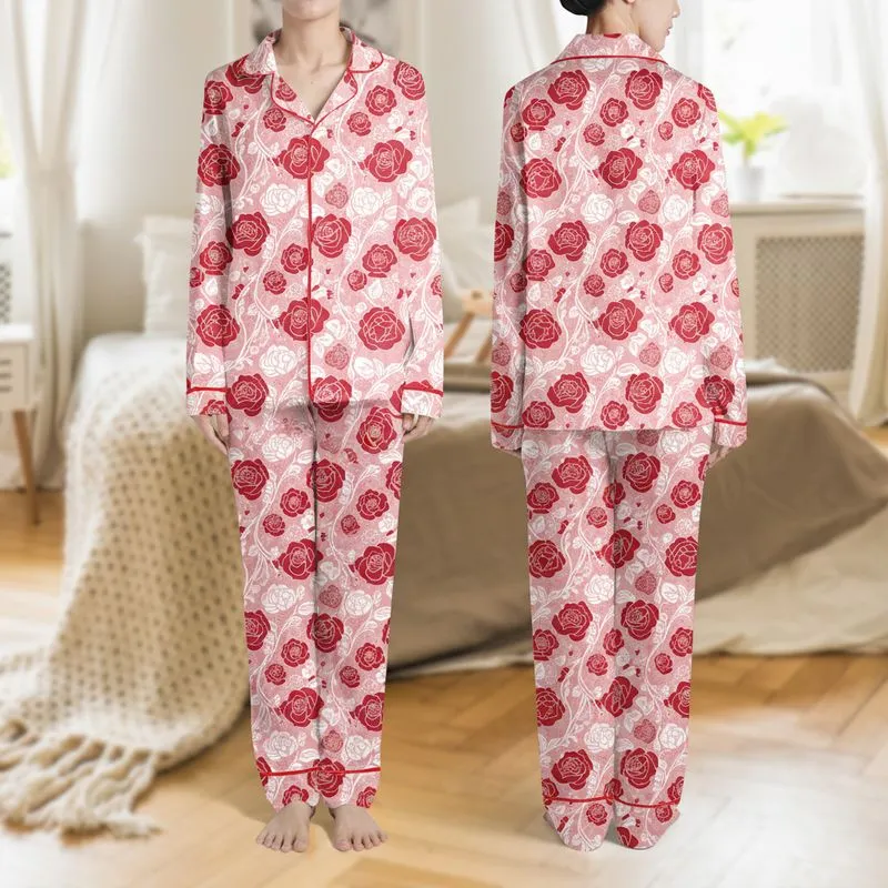 Women's Seamless Botanical Rose Crimson Dusty Rose White Silver Filigree Pattern Satin Pajamas Set - 1