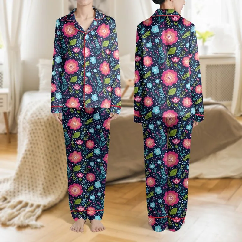 Women's Vibrant Folk Art Hot Pink Coral Teal Blue Botanical Floral Tapestry on Dark Navy Satin Pajamas Set - 1