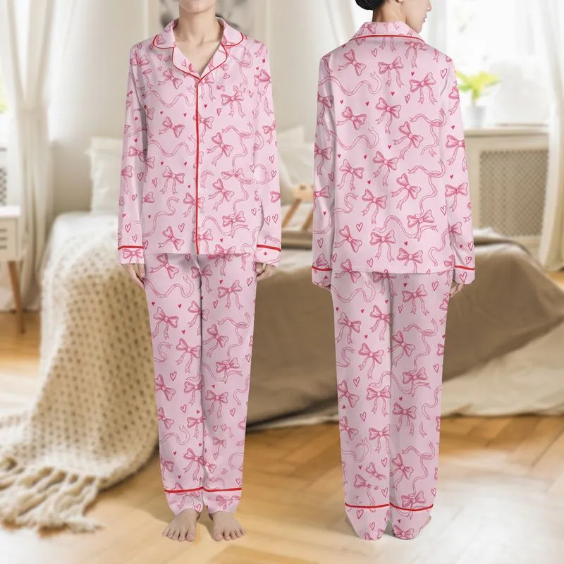 Women's Whimsical Hand-Drawn Fuchsia Magenta Bow & Heart Pastel Pink Pattern Satin Pajamas Set - 1